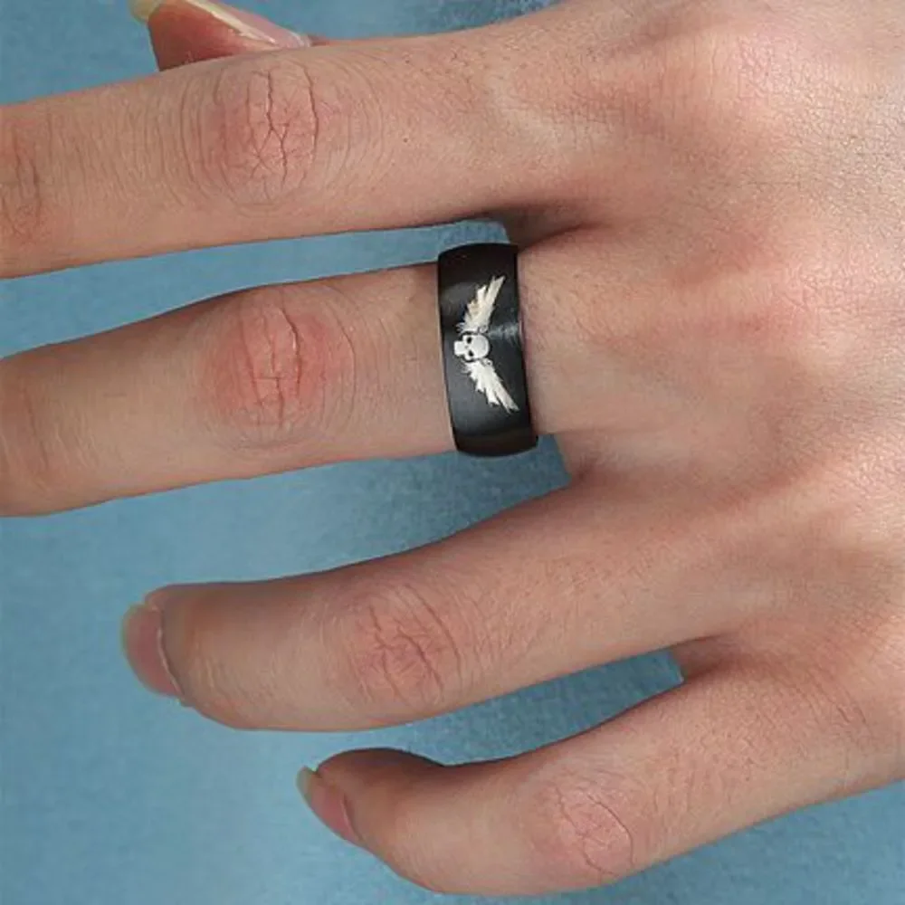 Titanium Fashion Black Skull Wings Ring size 7